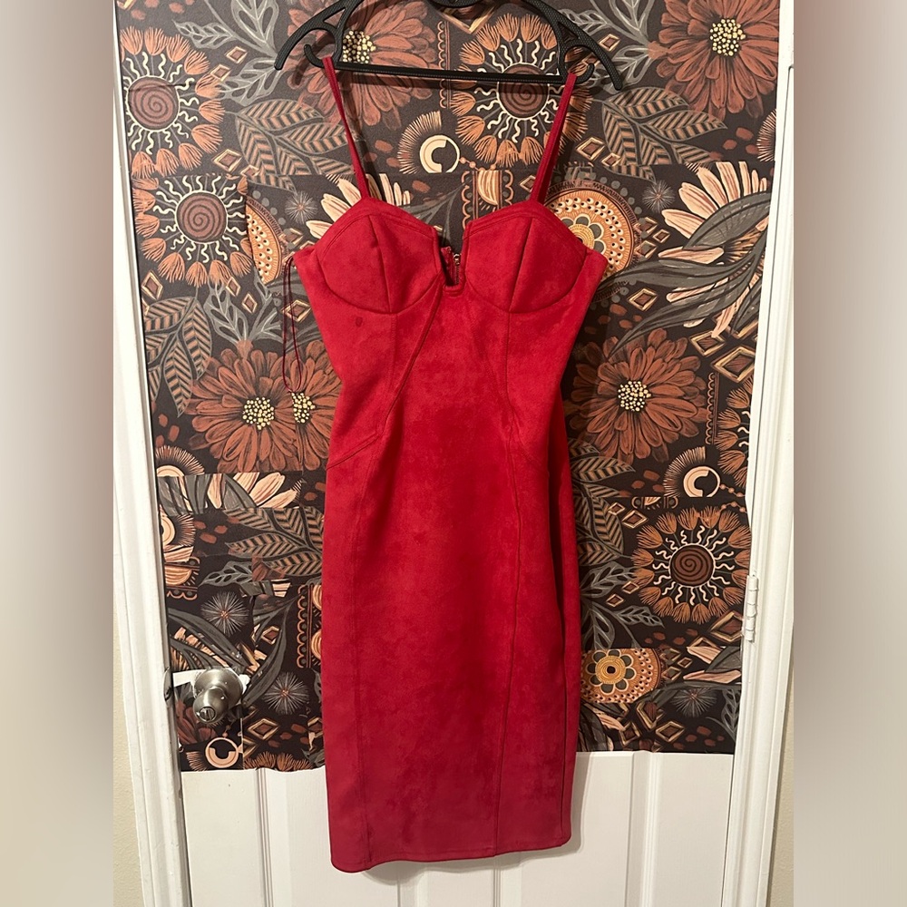 Beautiful Large Cherry Red Suede Material Body Con Dress
